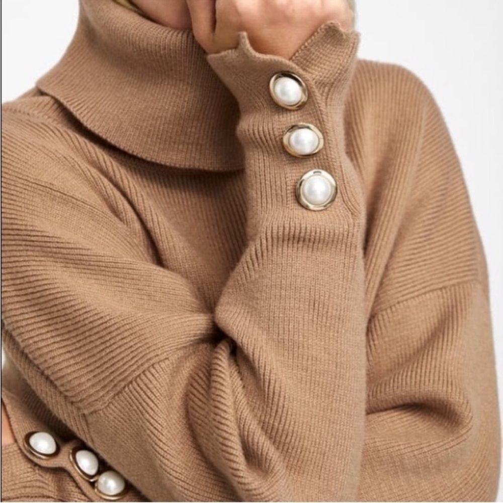 Zara Camel Turtleneck Cowl Neck Sweater w/ Faux Pearl Buttons - Picture 4 of 7